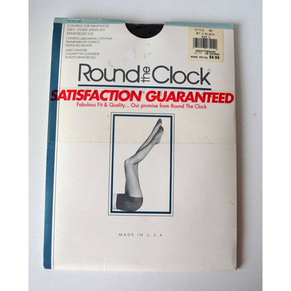 Vintage 1990s Round the Clock Pantyhose Size C Bit O Black Control Top Pantyhose